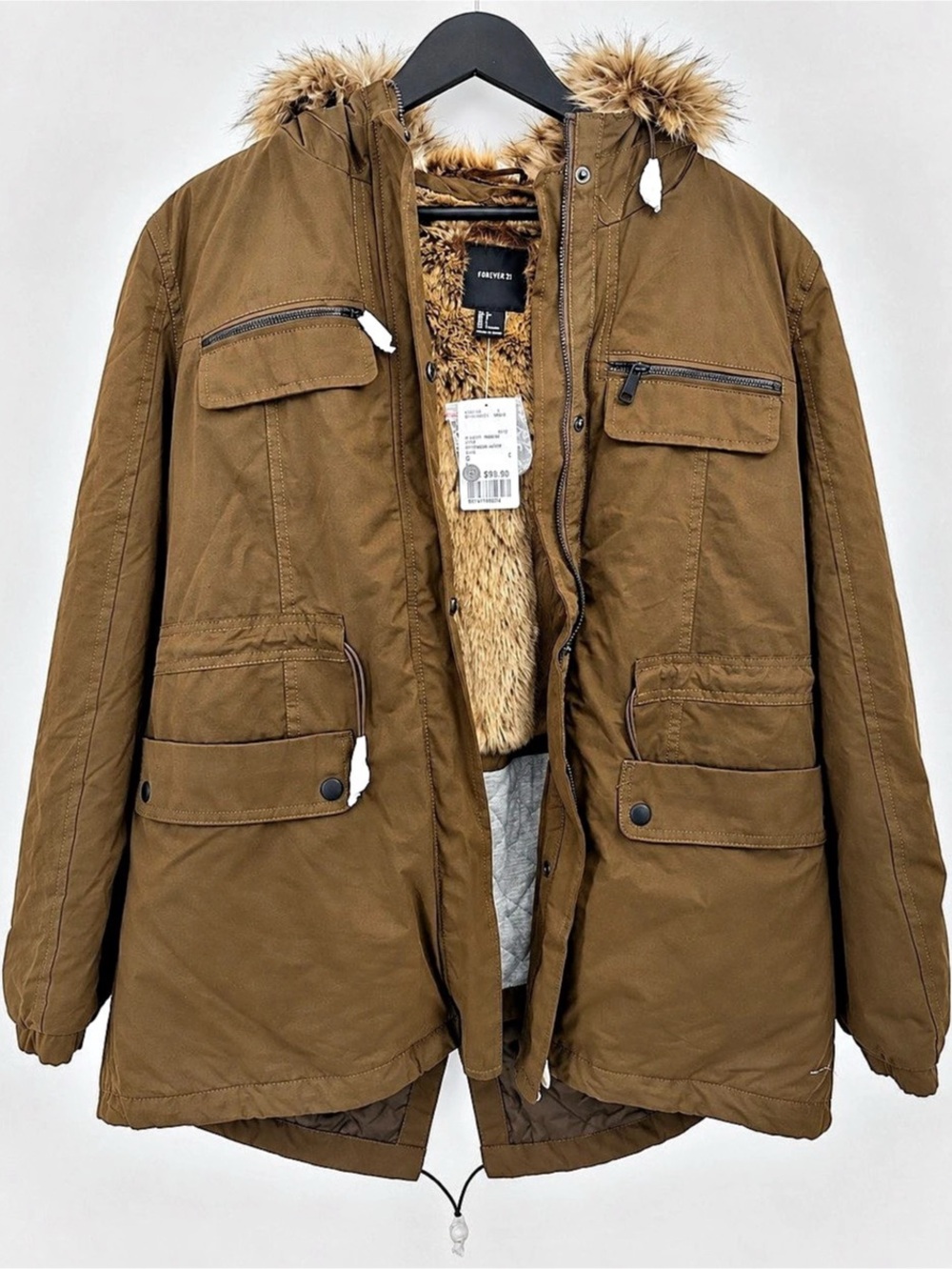 Forever 21 Premium Label Olive Faux Fur Lined Parka Jacket Size L NWT